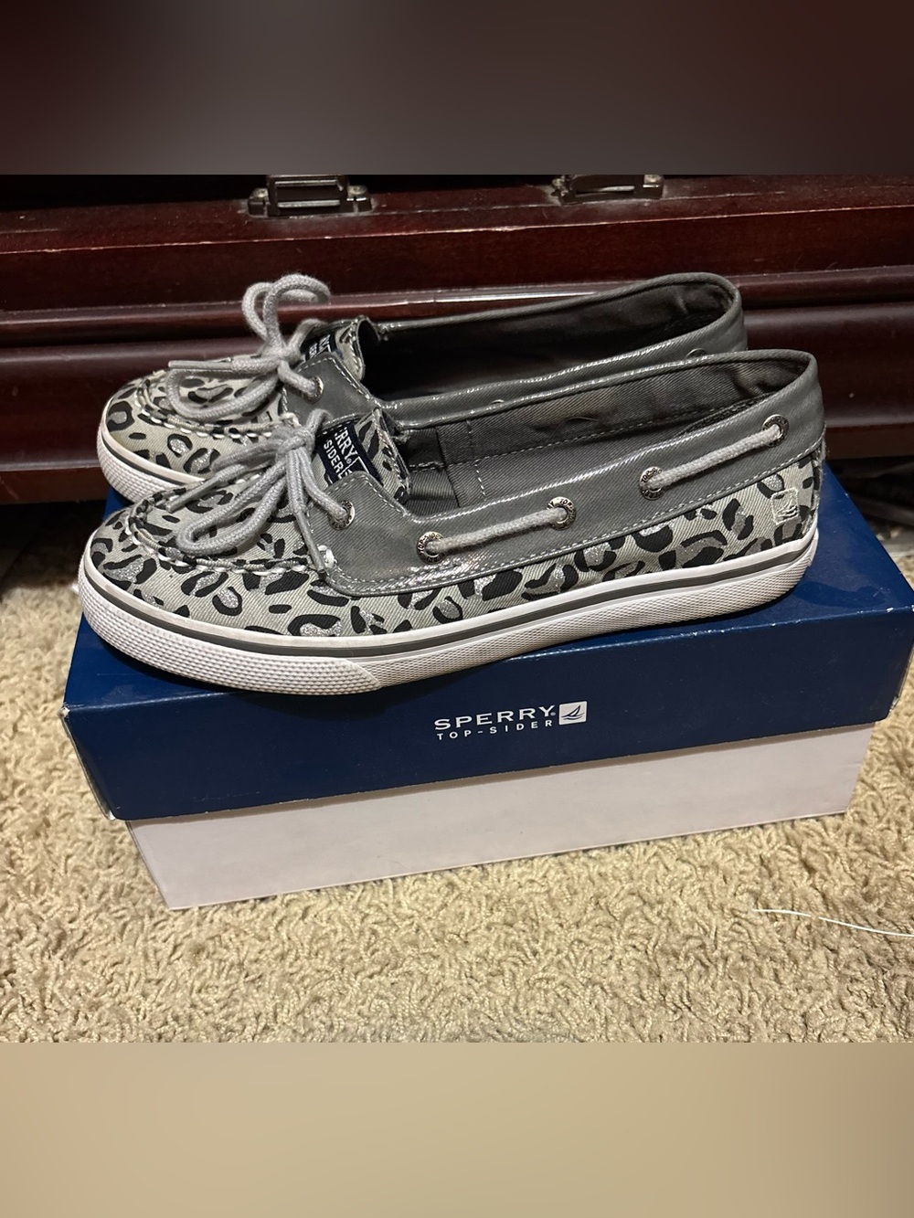 Sperry Women’s Gray and Black Leopard-Print Boat Shoes